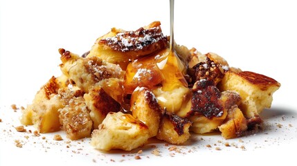 Delicious kaiserschmarrn drizzled with maple syrup and powdered sugar on white background