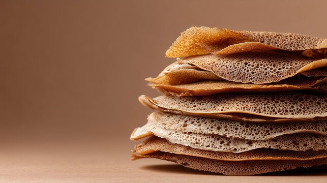 Close-up of traditional injera bread stack on a neutral background