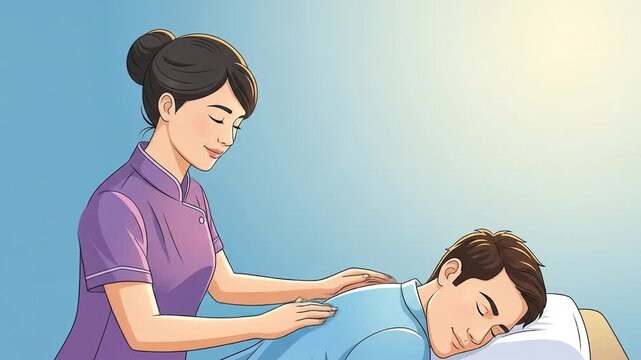 Soothing Animated Massage: Professional Therapist Relieves Stress with Gentle Shoulder Rub for Man