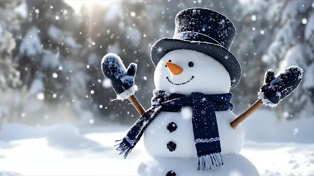 Happy snowman wearing a top hat and scarf in a snowy winter forest with falling snow