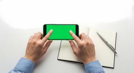 Overhead view of hands using two thumbs on a horizontal green screen smartphone over a notebook and pen.