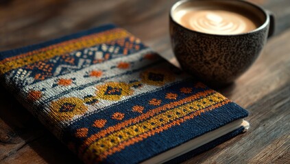 A cozy scene featuring a knitted notebook cover in autumnal hues, resting on a rustic wooden surface next to a steaming cup of latte art coffee