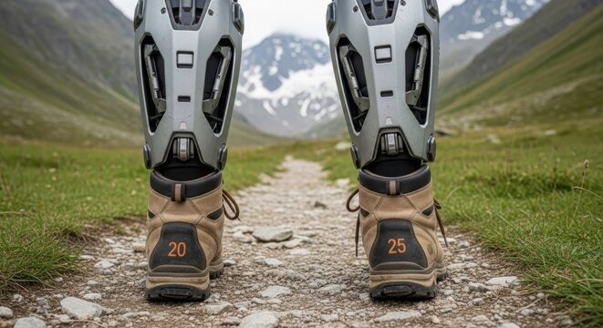 A person with a futuristic bionic prosthetic leg walks on a mountain trail, showcasing advanced mobility and outdoor adventure - Powered by Adobe