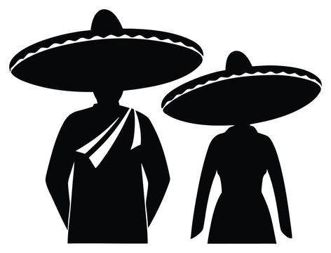 Mexican couple silhouette wearing sombrero hats traditional attire for cultural celebrations
