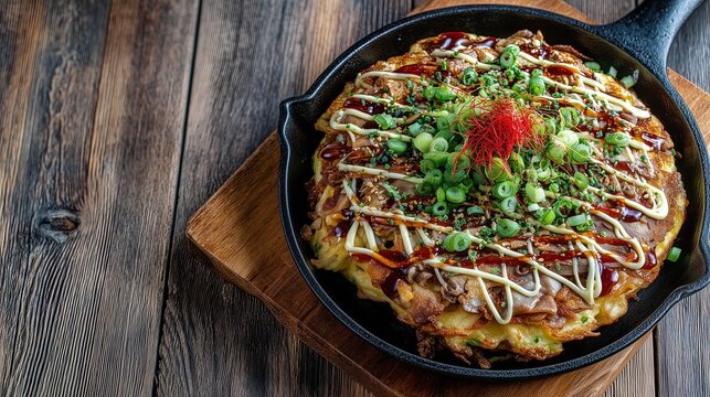 Delicious japanese okonomiyaki in cast iron skillet with toppings on wooden table