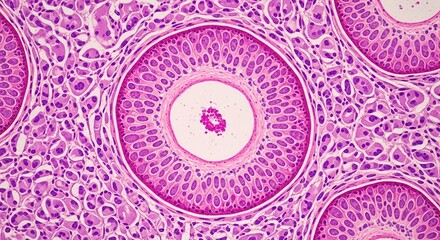A microscopic view of hair follicles showing the complex cellular structure and layers of the hair shaft
