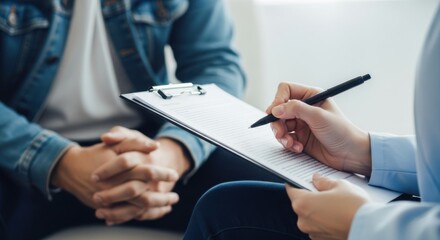 A therapist listens intently to a patient during a counseling session, taking notes on a clipboard
