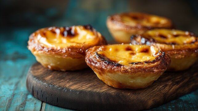 Delicious portuguese egg tarts on rustic wooden board