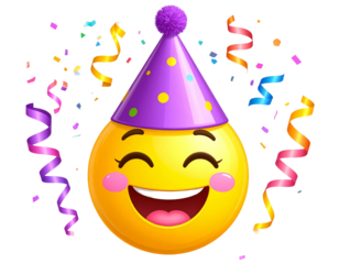 Cute Winking Party Emoji with Blush, Cone Hat, and Floating Streamers, PNG Illustration