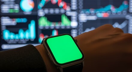 A trader's wrist with a smartwatch showing a green screen, with financial stock market data charts on monitors in the background.