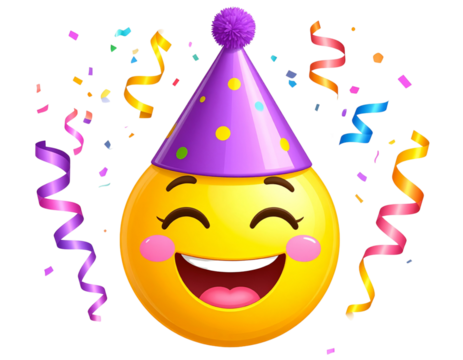 Cute Winking Party Emoji with Blush, Cone Hat, and Floating Streamers, PNG Illustration