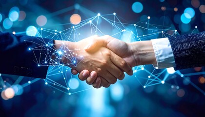Two business professionals' hands shake, signifying a digital collaboration and technological partnership.