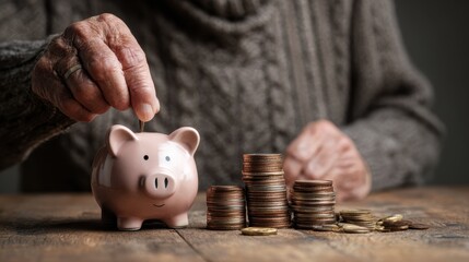 Saving money investment for future. old man hand putting money coins in a piggy bank.investment, money, annuity insurance, saving for retirement and pension fund concept.Individual retirement account.
