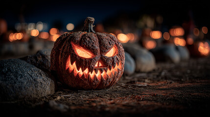 halloween glowing jack-o-lantern on field with dark terrifying sky on background,autumn orange pumpkin on field with glowing light,halloween pumpkin in the night