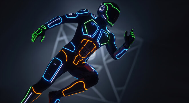 A person in a futuristic black suit with colorful neon lights running on a dark background, 3d render style