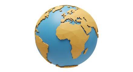 Naklejka premium 3D rendered low poly globe of Earth with continents highlighted, ideal for global business, travel, and environmental concepts