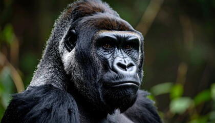 Obraz premium Close-up portrait of a majestic gorilla, showcasing its intense gaze and powerful presence against a blurred background of lush greenery.