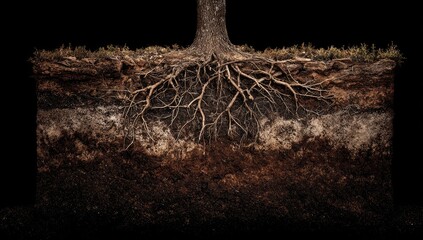 Exposed tree roots in soil layers against black background