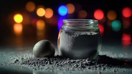 A glass jar filled with grey powder sits beside a metallic orb on a surface dusted with the same powder. A blurred background features colorful bokeh lights
