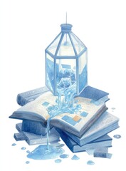 A glass lantern containing glowing blue crystals sits atop a stack of books, from which a liquid substance spills onto the pages and floor