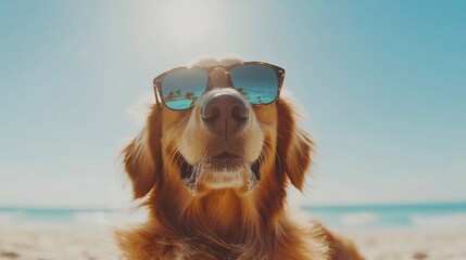 A golden retriever wearing sunglasses smiles widely on a sunny beach day