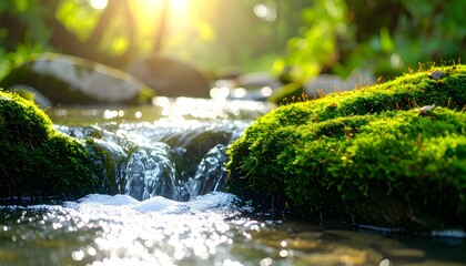 A macro shot of a small, babbling stream flowing over moss-covered rocks.