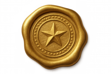 Golden wax seal stamping five-pointed star, symbolizing quality verification against clean white backdrop