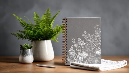 A gray linen spiral-bound notebook with a delicate white floral design rests on a wooden surface, next to a fern and succulent in minimalist pots, and a folded white cloth.  A pencil is also present