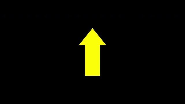 Yellow arrow pointing up animation on black background. Arrow button icon or swipe-up arrow signal animation.