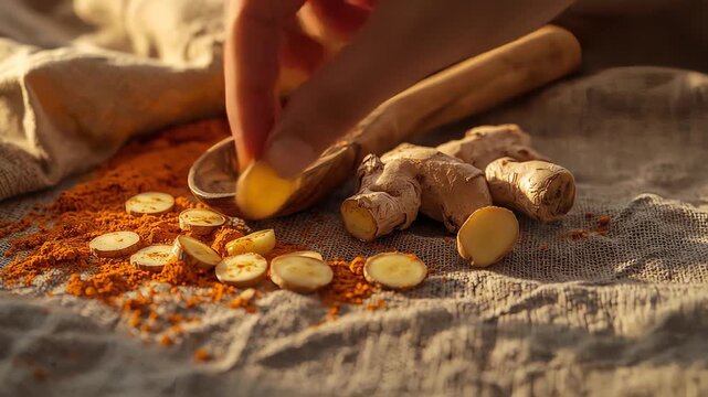 Golden spice preparation with wooden spoon, turmeric powder and ginger roots