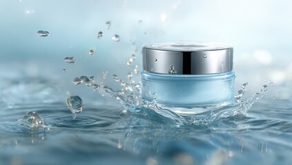 A jar of light blue face cream sits in a water splash, creating dynamic, refreshing imagery against a soft blue background
