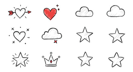 Collection of cute cartoon icons including hearts clouds stars and crown