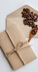 A kraft paper envelope tied with twine rests beside another open envelope spilling roasted coffee beans; a small wooden spoon holds more beans
