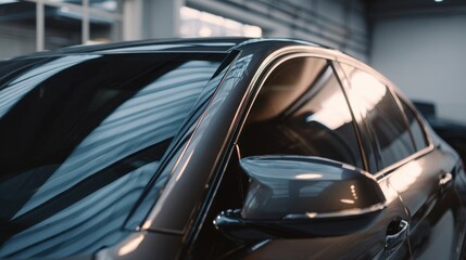 Obraz premium High-quality photo of closeup view of car window tint installation. Dark tinted car window. Modern vehicle. Heat rejection, UV protection. Professional auto service. New car model.