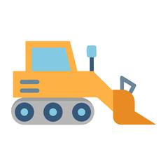 Isolated cartoon bulldozer icon with orange and blue color scheme on black background