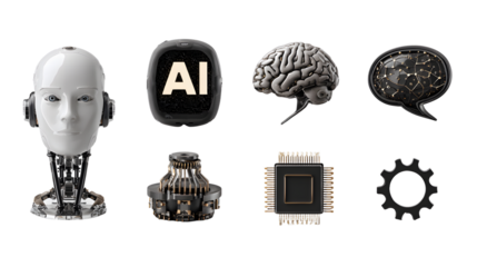 Artificial Intelligence Components Robot Head AI Display Brain Chip Gear and Speech Bubble.