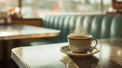Fototapeta premium High-quality photo of steaming coffee cup in classic diner setting evokes warmth and nostalgia.