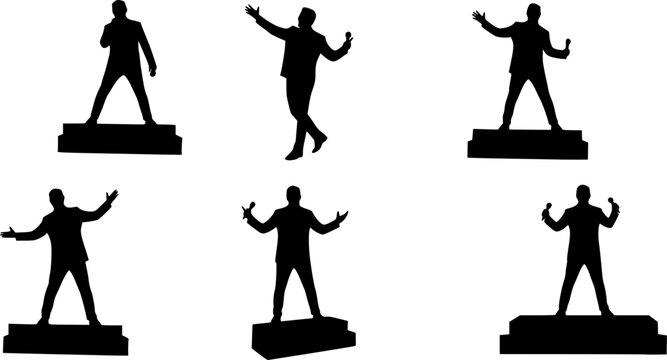 et of talk show man with microphone in hand silhouette vector, entertainment or comedy actor on stage.
