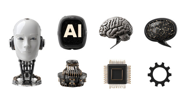 Artificial Intelligence Components Robot Head AI Display Brain Chip Gear and Speech Bubble.