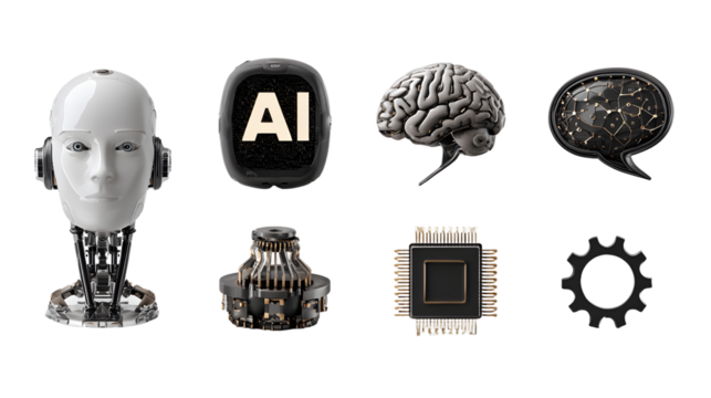 Artificial Intelligence Components Robot Head AI Display Brain Chip Gear and Speech Bubble.