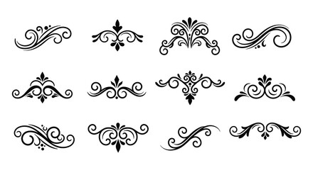 Collection of ornate black swirling design elements and flourishes