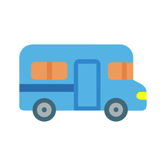 Blue school bus icon illustration on black background, isolated cartoon vehicle