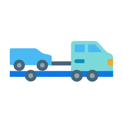 Blue tow truck hauling sedan on flatbed for vehicle recovery or transportation