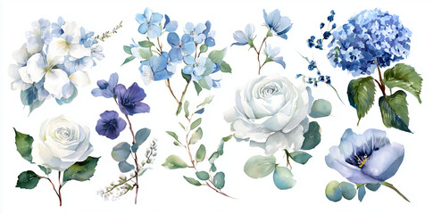 Blue watercolor flowers create botanical arrangement. Use for invitations, wedding templates, or floral design.