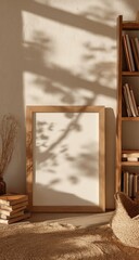 A light wooden frame sits on a neutral rug, bathed in warm sunlight casting leafy shadows, next to books and a bookshelf