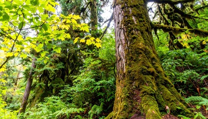 Lush, vibrant forest scene showcasing a moss-covered giant tree trunk amidst a dense canopy of colorful leaves.