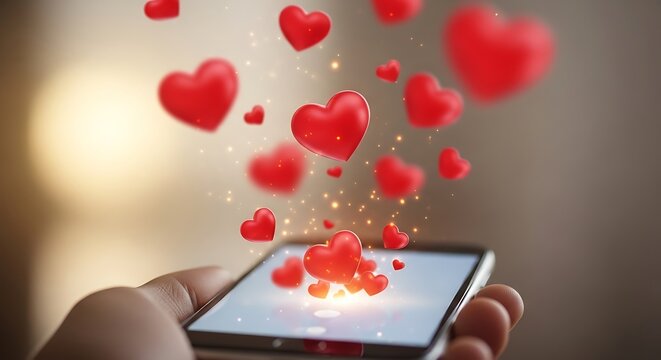 Love Hearts Floating from Smartphone Screen - Digital Romance.