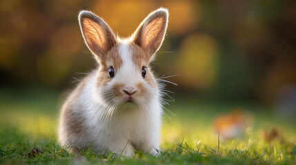 Fototapeta premium Brown and white rabbit sitting on green grass, with upright ears, large bright eyes, and an alert yet cute posture, natural blurred background.