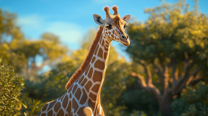 Obraz premium Close-up of a giraffe with a natural background under a bright, clear sky.