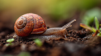 Close-up of a snail crawling slowly on natural ground in a lush outdoor environment, soft sunlight gently shining down, vibrant and lively atmosphere.